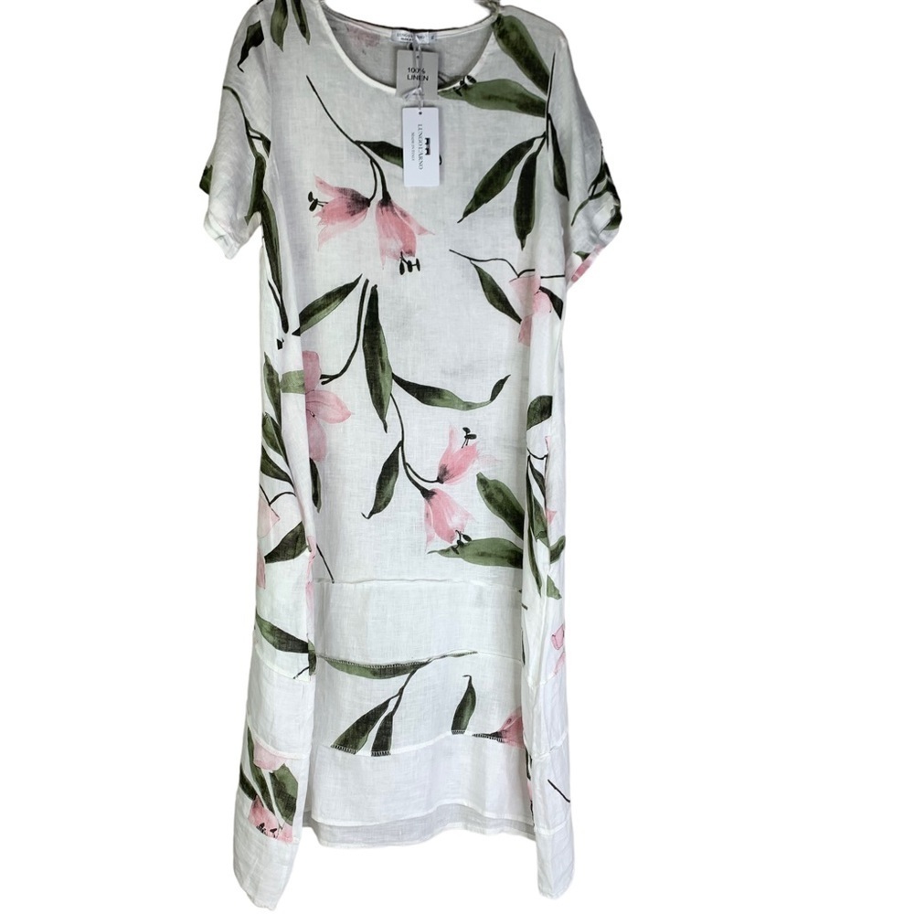 Lungo L’arno Revolve Made in Italy 100% Linen White Floral MIDI Dress XL New